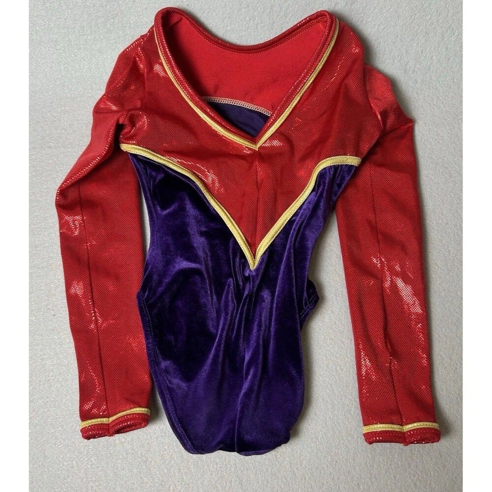Alpha Factor Long Sleeve Red Purple Bling Competition Leotard Size CME Youth M - Picture 6 of 12